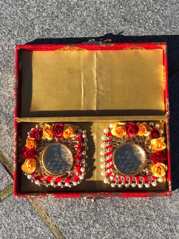 HANDMADE COMBO OF SILK BROCADE BOX with FLOWER MATS RANGOLI TEALIGHT CANDLE HOLDER SET (2 In a Box)