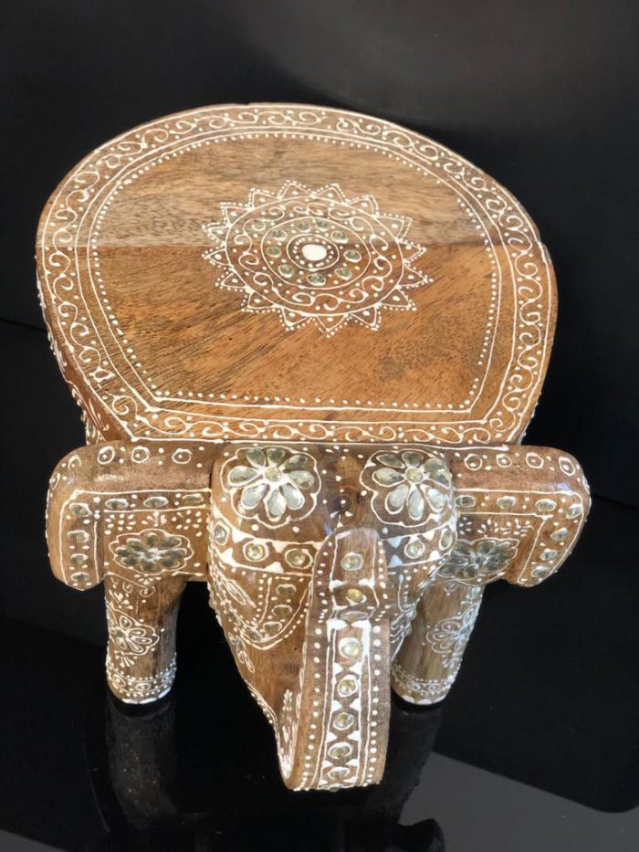 Wooden Hand Crafted & hand Painted Elephant Shape Decorative Stool - 8"