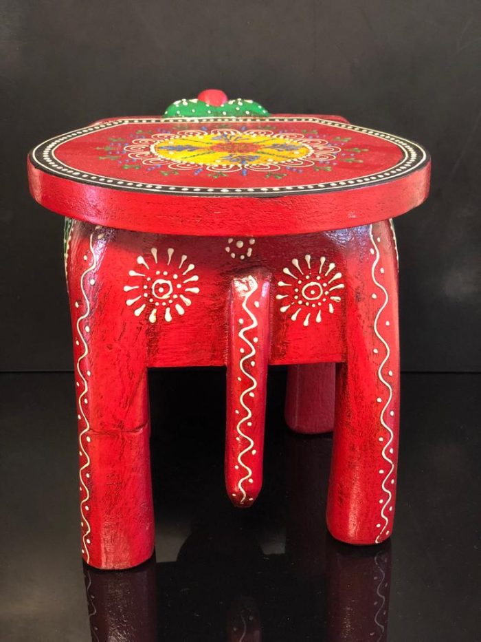 Wooden Hand Crafted & hand Painted Elephant Shape Decorative Stool - 8"