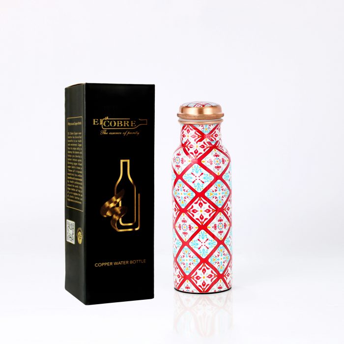 ELCOBRE PREMIUM LIMITED EDITION PRINTED COPPER BOTTLE - 700ML (Red & Blue Squares)