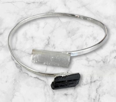 Dual stone Tourmaline & Selenite Bracelet Plated in Silver